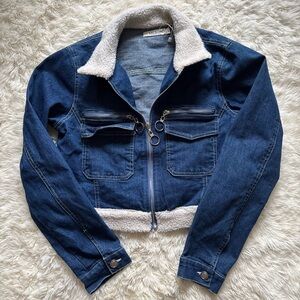 Trendy Blue Jean Jacket with White Sherpa Collar